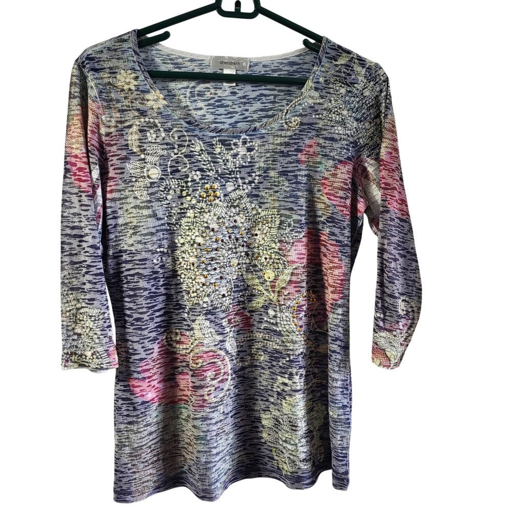 Dressbarn Petite L 3/4 Sleeve Embellished Tunic Top Floral Print Burn Out Boho